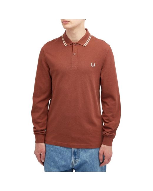 Fred Perry Red Twin Tipped Collar Whisky Long Sleeve Polo Shirt for men
