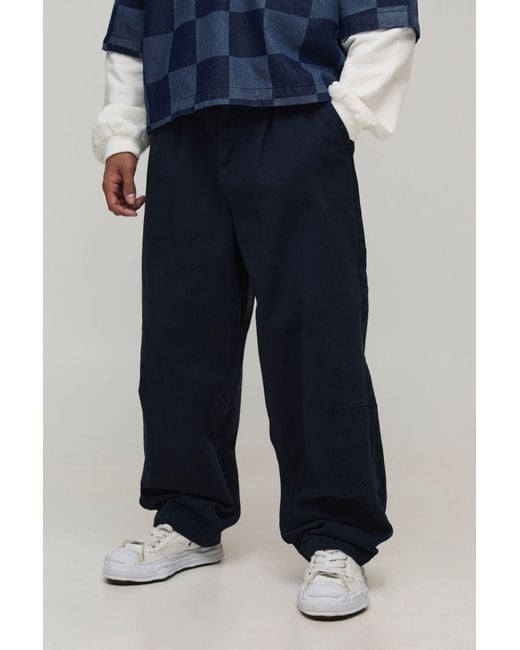 BoohooMAN Blue Balloon Fit Half & Waistband Washed Twill Trouser for men