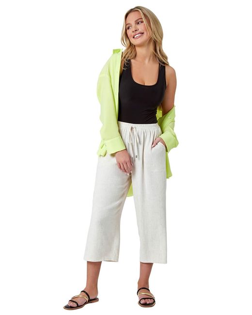 Roman White Petite Linen Mix Wide Cropped Trousers
