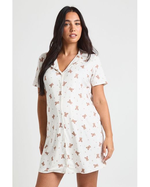 Boohoo White Maternity Bear Print Button Through Collar Nightie