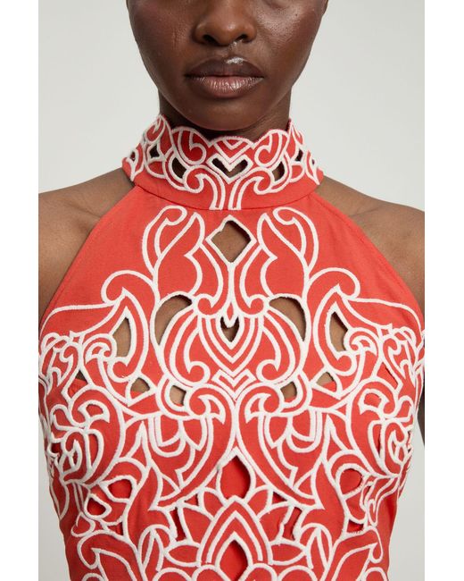 Karen Millen Red Cotton Cutwork Woven Halter Midi Dress