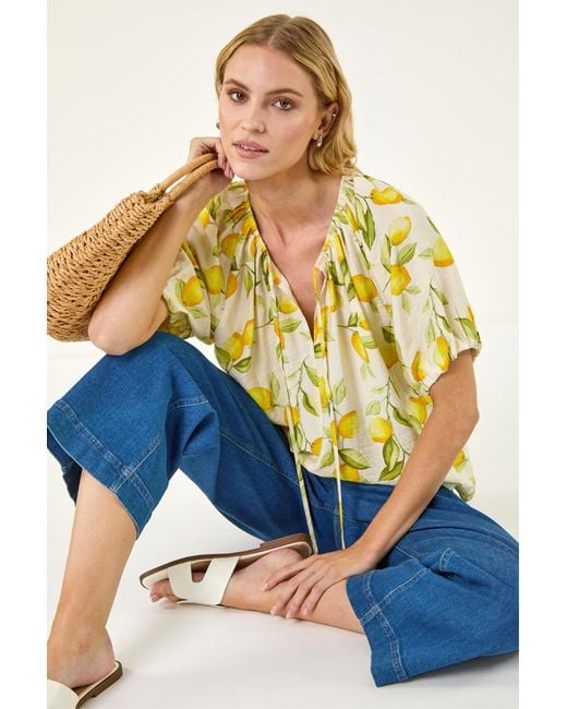 Roman Yellow Lemon Print Tie Front Top