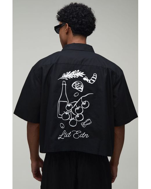 BoohooMAN Black Boxy Crop Back Embroidered Oxford Shirt for men