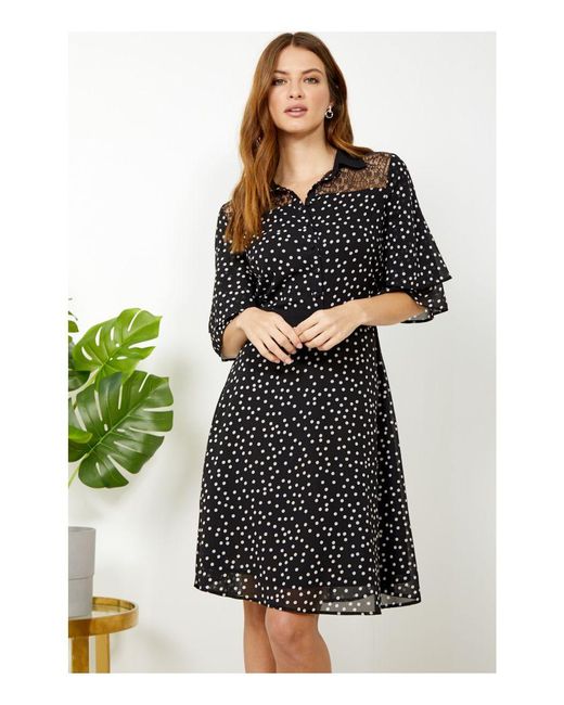 Sosandar Black Polka Dot Lace Detail Shirt Dress