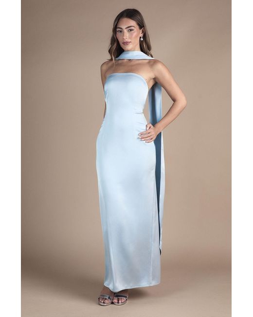 Oasis Blue By Coast Bandeau Satin Bridesmaid Maxi Dress With Scarf