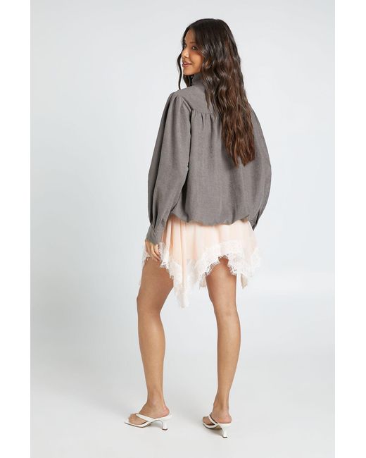 Boohoo Gray Ruched Bubble Hem High Neck Zip Through Top