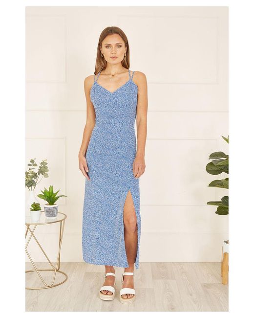 Mela London Blue Ditsy Print Midi Dress With Side Split