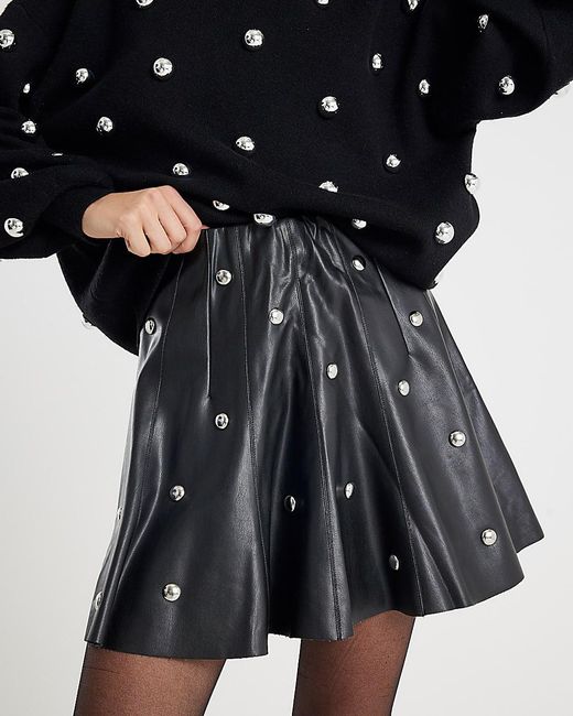 River Island Black Mini Skirt Faux Leather Studded Pu