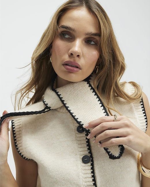 River Island Natural Waistcoat Cream Knitted Tie Neck