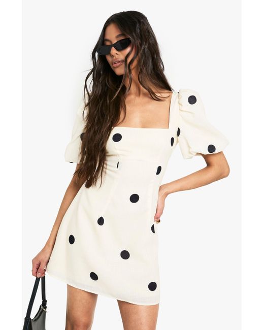Boohoo Large Polka Dot Linen Look Shift Dress in White Lyst UK