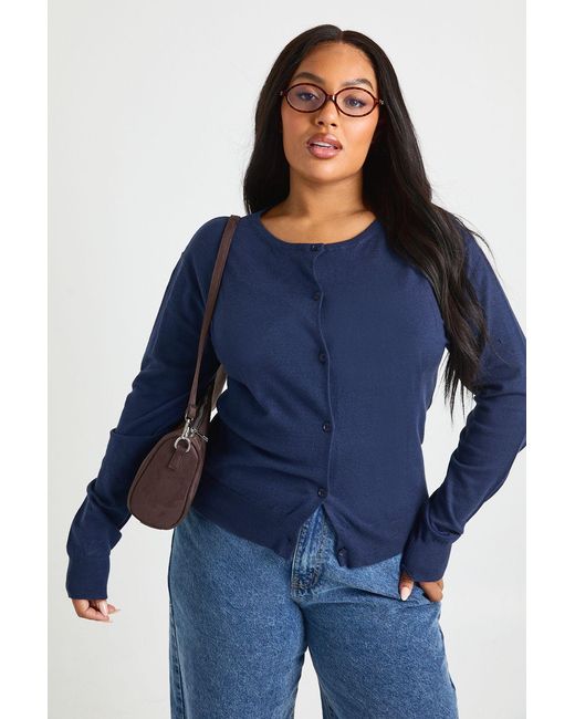 Boohoo Blue Plus Crew Neck Button Through Cardigan