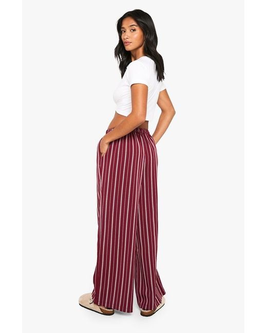 Boohoo Red Petite Pinstripe Wide Leg Drawcord Waist Pants