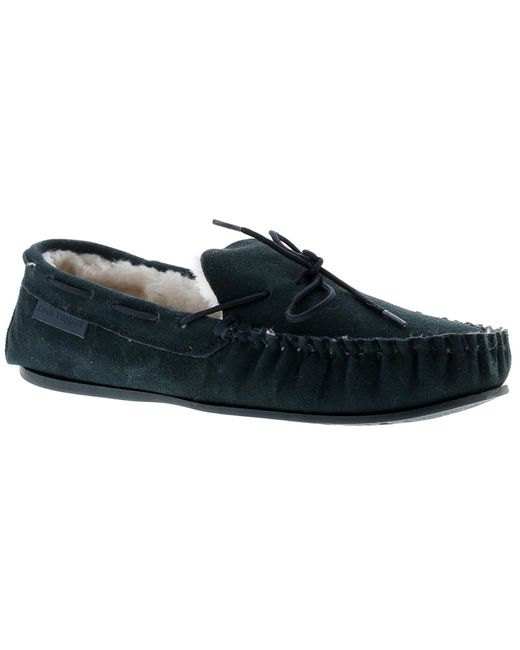 Hush Puppies Allie Leer Mocassin Memory Foam Faux Fur Navy in het Black