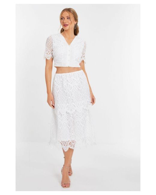 Quiz White Crochet Lace Tiered Midi Skirt
