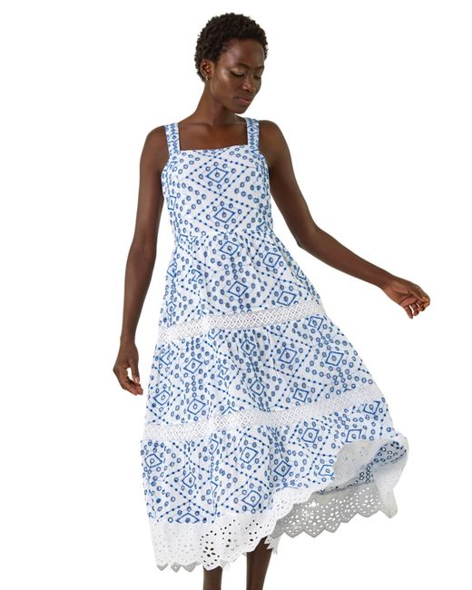 Roman Blue Broderie Strappy Midi Dress