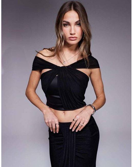 ASOS Black One Shoulder Drape Mesh And Satin Mix Top