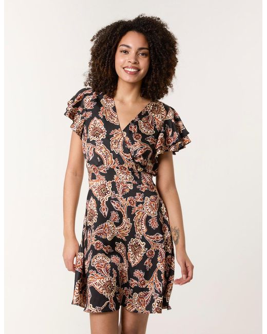 Blue Vanilla Black Paisley Frill Sleeve Mini Dress
