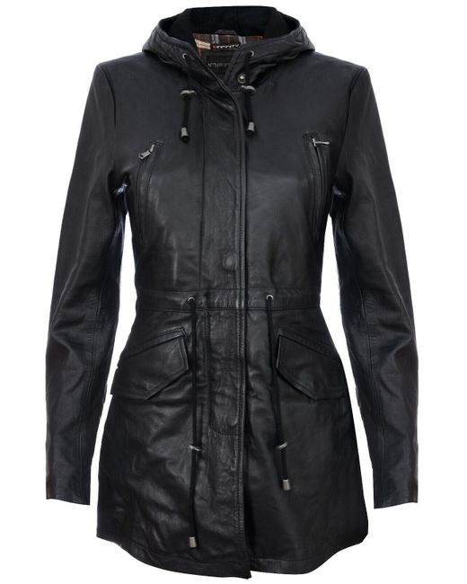 Infinity Leather Black Mid Length Hooded Parka Jacket-Oakengates