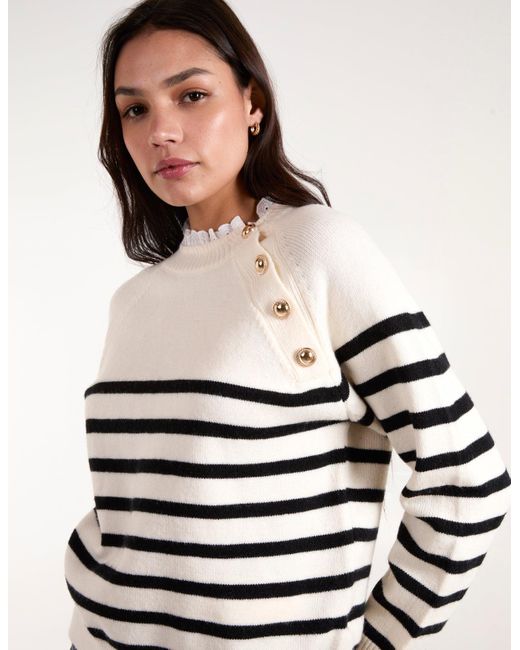 Blue Vanilla Multicolor Horizontal Stripes Shoulder Button Detailed Jumper