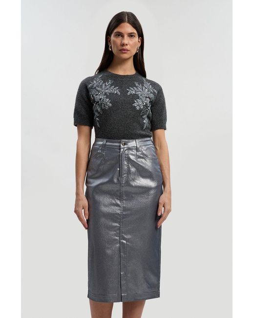 Karen Millen Metallic Coated Denim Pencil Midi Skirt