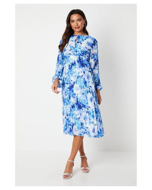 Coast Blue Printed Blouson Sleeve Pleated Georgette Midi Dress