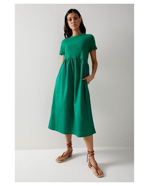 Warehouse Green Short Sleeve Woven Mix Midi Dress