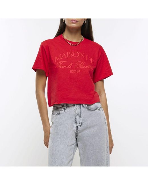 River Island Red T-Shirt Graphic Crop Cotton
