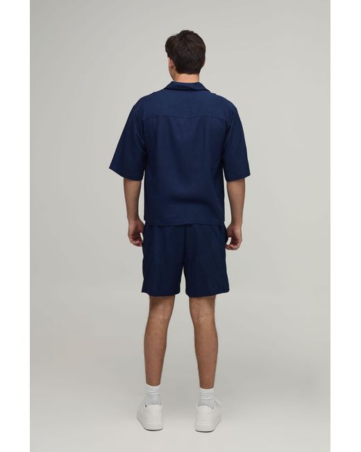 BoohooMAN Blue Linen Embroidered French Riviera Oversized Boxy Shirt & Baggy Shorts Set for men