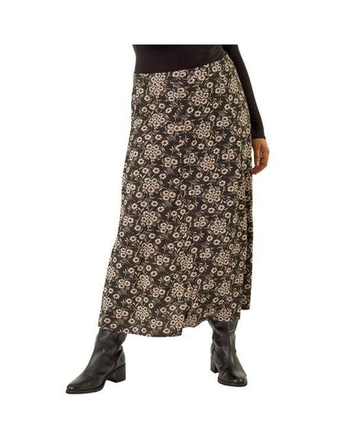 Roman Black Curve Floral Stretch Midi Skirt