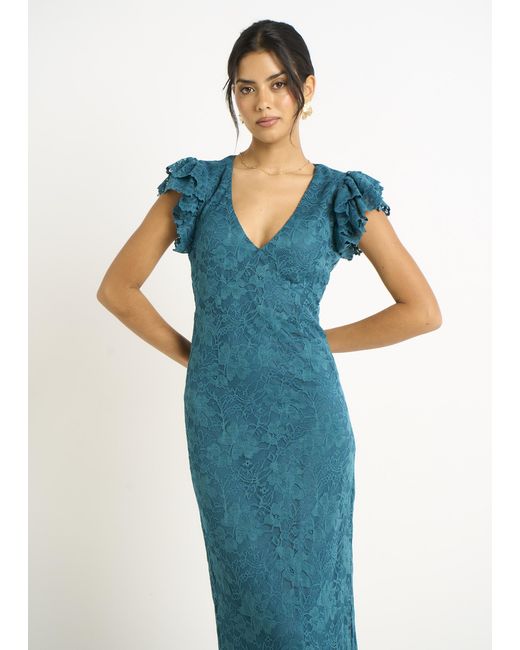 Gini London Blue Jersey Lace V Neck Ruffle Maxi Dress