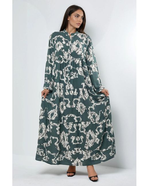 Hiccup Blue V-Neck Patterned Maxi Dress With Buttons