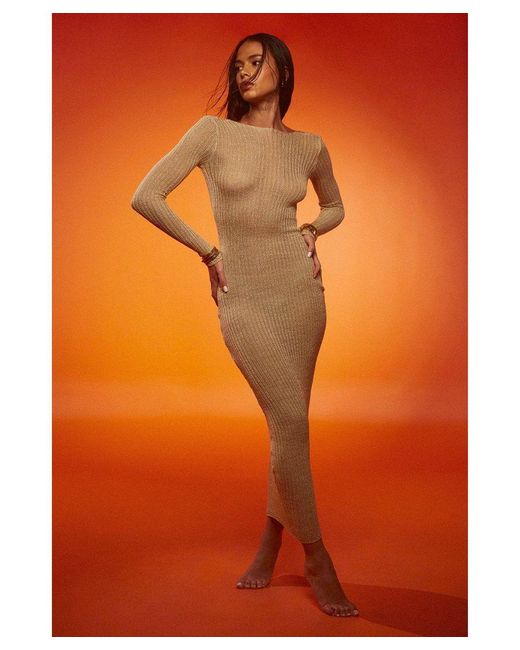 MissPap Orange Sheer Knitted Backless Asymmetric Maxi Dress
