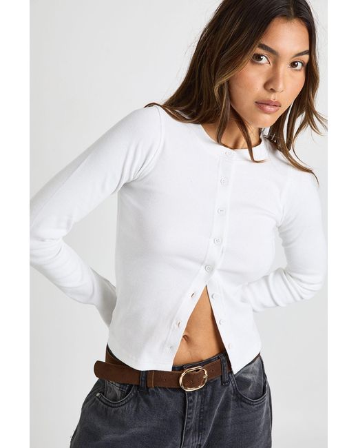 Boohoo White Rib Button Through Long Sleeve Top