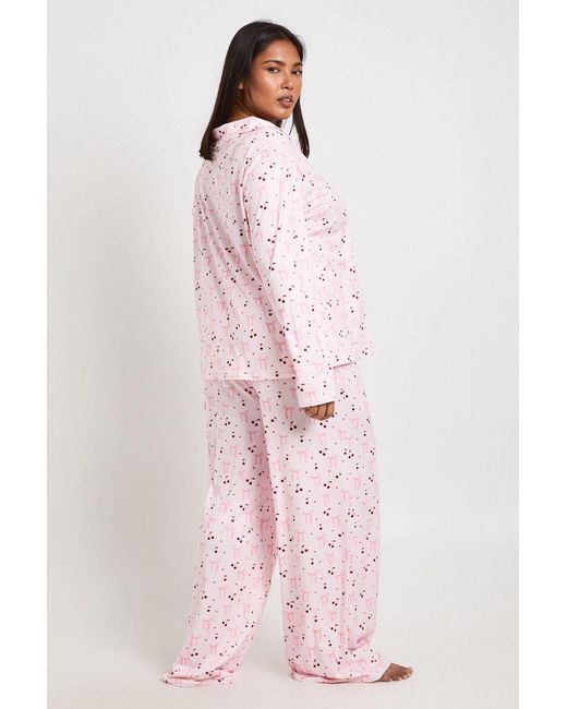 Boohoo Pink Plus Bow And Cherry Print Long Sleeve Shirt & Trouser Pyjama Set