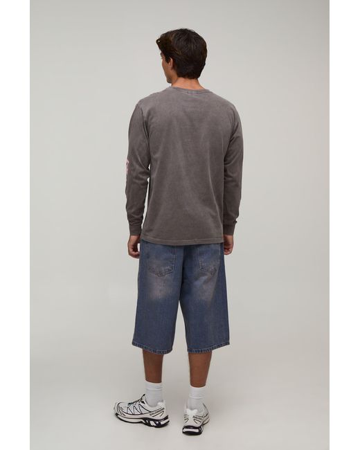 BoohooMAN Gray Regular Worldwide Print Washed Long Sleeve T-Shirt Cotton for men