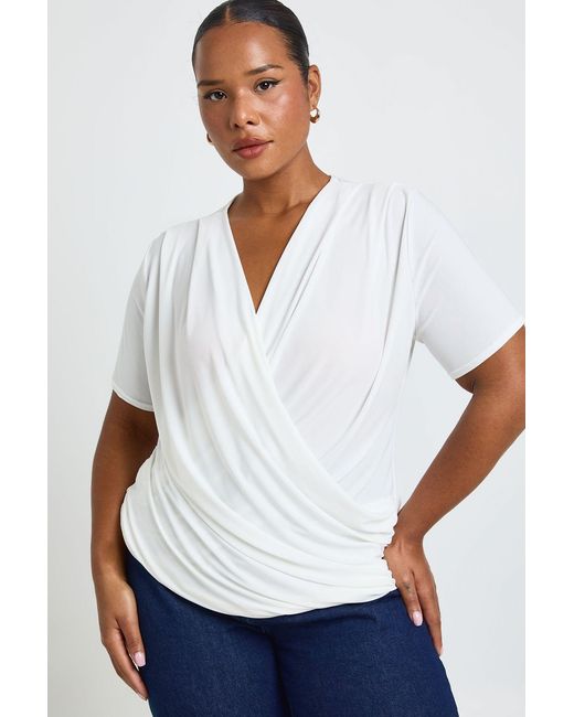 Boohoo White Plus Double Layer Slinky Super Cowl Neck Short Sleeve Ruched Top