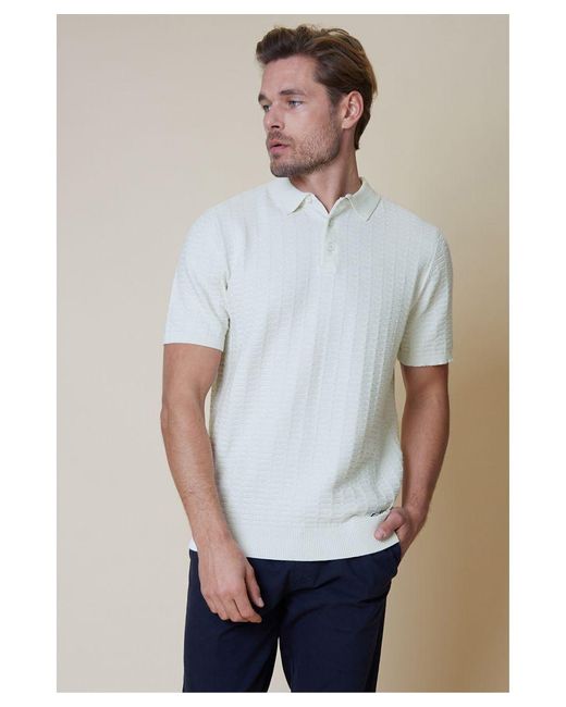 Threadbare White 'Halliwell' Cotton Mix Short Sleeve Textured Knitted Polo Shirt for men