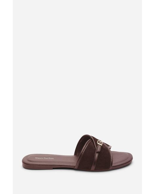 Where's That From Brown Mariva Cross Over Buckle Suede Slide On Sandal