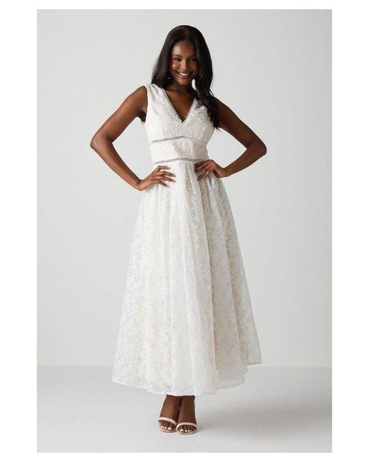 Coast White V Neck Full Skirted Embroidered Wedding Dress