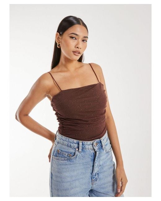 Pink Vanilla Brown Strappy Sparkle Mesh Bodysuit