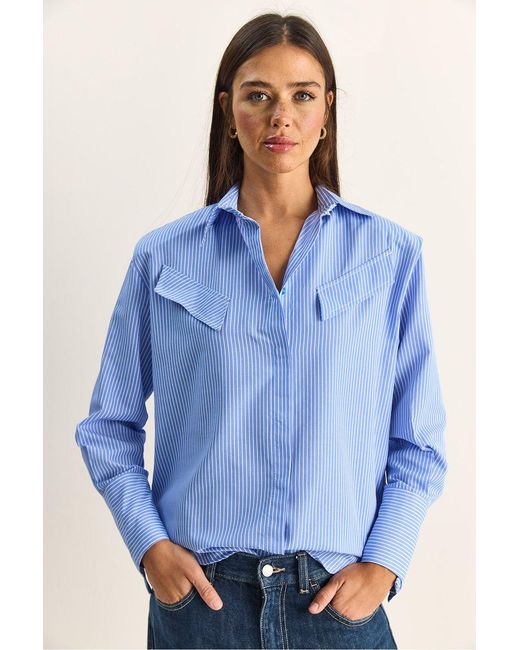 Bianco Lucci Blue Regular Fit Striped Button-Up Shirt With Pocket