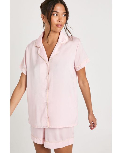 Boohoo Pink Satin Piping Detail Short Sleeve Shirt & Shorts Pyjama Set