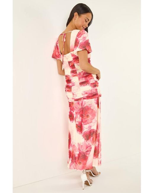 Roman Pink Petite Floral Print Ruched Midi Dress