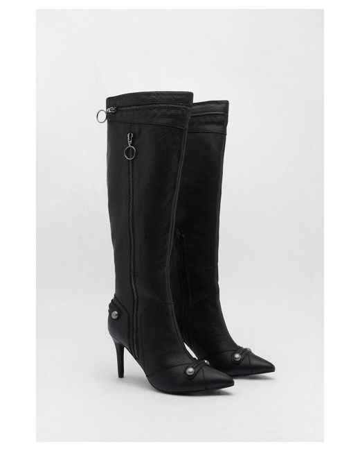 Warehouse Black Leather Zip & Stud Pointed Toe Knee High Boots