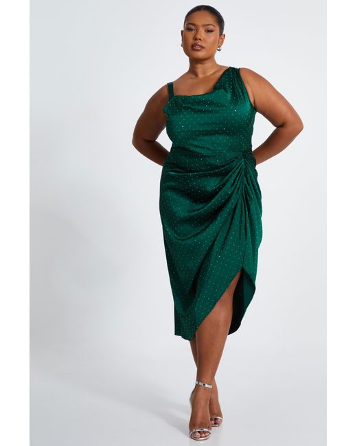 Quiz Green Curve Bottle Rhinestone Satin Midi Dress