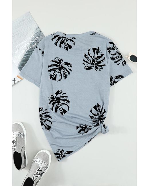 Everyday the Label Gray Crew Neck Tropical Plants Print T-Shirt