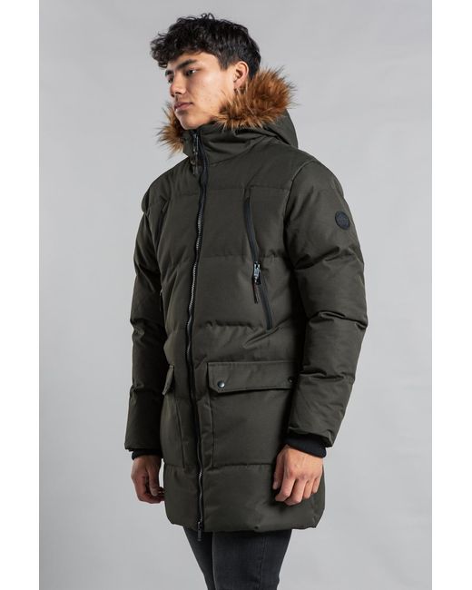 Tokyo Laundry Gray Padded Longline Coat With Faux Fur Hood for men