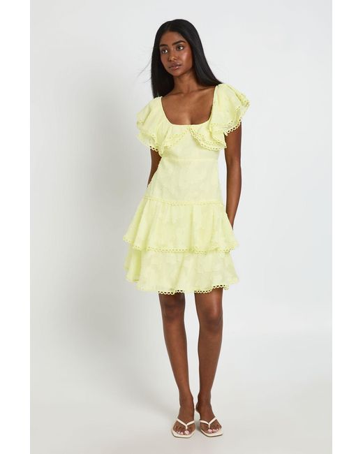 Boohoo Yellow Occasion Burnout Open Back Ruffle Detail Mini Dress