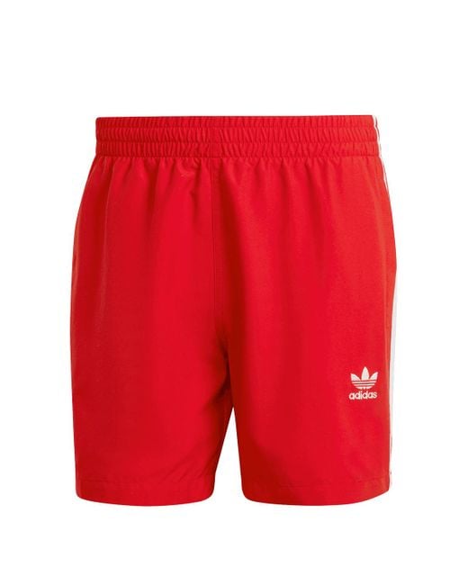 Adidas Originals Red Adicolor 3-Stripes Swim Shorts for men