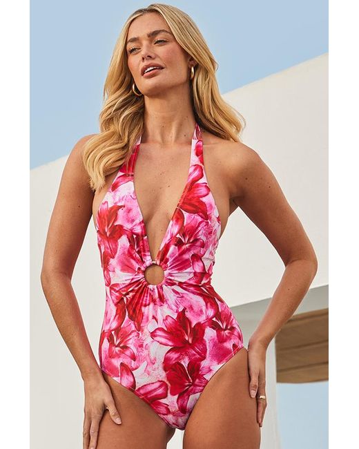 Sosandar Red Floral Print Ring Detail Plunge Swimsuit Denim